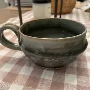 HANDMADE ARTISAN POTTERY Soup Bowl/Mug in Green and Gray