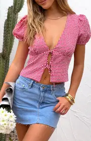 Wednesday Red Gingham Puff Sleeve Tie Top
