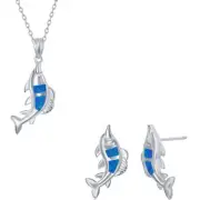 Women's Necklace and Earrings Set Sterling Silver Blue Opal Fish SET-580
