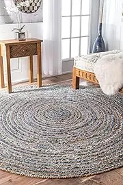 [Aizza Trends] Indian Handmade Braided Jute with Denim Cotton Area Rug-Floor Carpet Rug-Bed Side Runner Rug-Doormat Rug - 8 x 8 Feet Round (240 cm x 240 cm)