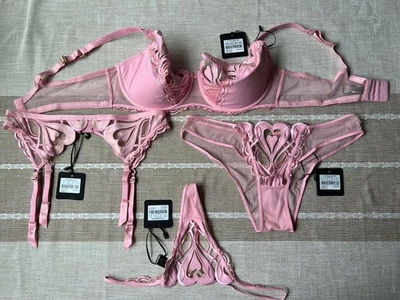 Honey Birdette Pink Hearts Set Bra 40DD, Brief , Suspenders, Thong L. NWT