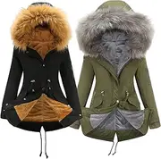 [JEShifangjiusu] Women Wool Lined Military Jacket With Fur Hood 2 Winter Clothing Mid - Long Thick Sherpa Thermal Coat Anoraks, Colour 5, M