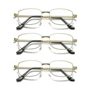 3 Pair Mens Square Metal Frame Golden Reading Glasses Classic Readers Eyeglasses