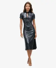 Mandarin Sequin Midi Dress | Gunmetal Sequin