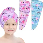 Basumee Microfiber Hair Towel Wrap for Kids 2 Pack Rapid Drying Hair Towel with Button Hair Turbans for Wet Hair Wraps Head Towel Wrap for Women and Girls, Blue and Purple Love