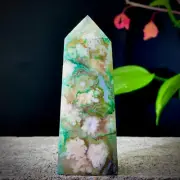 79GNatural green sakura agate crystal Obelisk Quartz Crystal Wand Point Healing