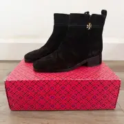 NEW Tory Burch Black Suede Gold Logo Everly Flat Boots 9.5
