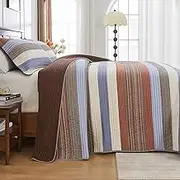 SahSahCasa 100% Cotton 120"x120" Oversized California King Bedspread Coverlet Quilt Set, Cal King Quilted Striped Bedspread Extra Large Reversible XL Bed Spread Lightweight Comforter, Brown