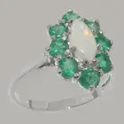 Solid 10k White Gold Natural Opal & Emerald Womens Cluster Ring - Sizes 4 to 12