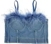 [HEYDHSDC] Women Sexy Denim Feather Bustier Tank With Push-Up Bra Fishbone Camisole Underwire Corset Crop