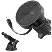 Promate MAGDRIVE-R 15W MagSafe Compatible Incar Phone Wireless Charger - Black - With Retractable 1m USB-C Connector Cable. Dashboard or AC Vent Mount, 360 Rotatable Cradleless Design [MAGDRIVE-R]