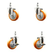4 Inch 316SS Orange Poly Swivel 3/8 Inch Threaded Stem Caster Set 2 Brake