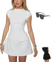 [QQLADY] Odd Formal Elegant Round Neck with Pocket Dress,Solid Fit a Line Formal Elegant Round Neck with Pocket,Cap Sleeve Mini Dress Cap Sleeve Mini Dress Elegant A Line Ultimate. (1pcs-I,XL)