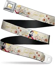 [Buckle-Down] Belt Seatbelt Buckle Snow White and Seven Dwarfs with Script and Flowers Yellows Mens Womens Kids Adjustable, Snow White Seven Dwarfs, 1.0" Wide - Fits Pant Size 20-36