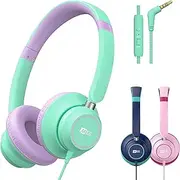 MEE audio KidJamz KJ45 Children’s Safe Listening Headphones with Volume Limiter & Microphone, Adjustable On-Ear Kids Headset Wired w/3.5mm Jack for Online Learning/School/Travel/Tablet (Mint/Lavender)
