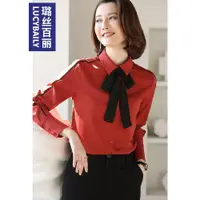 在飛比找ETMall東森購物網優惠-紅色襯衫長袖復古雪紡系帶蝴蝶結