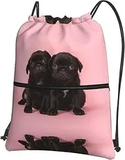 EdWal Cute Black Pug Print Drawstring Backpack Gym Bags Sports Bags With Zipper Pocket For Travel Beach, Black, One Size