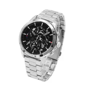 【Tommy Hilfiger】銀殼 黑面 三眼日期顯示 面板鏤空特殊設計 銀色鋼帶 手錶 男錶(1710477)