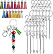 [KCTOAMZ] 15 Pcs Beaded Keychain Making Kit,Metal Blank Silver Beaded Keychain and Tassel Making Kit for DIY Keychain Making Pendant Gift Accessories and Craft Jewelry Making