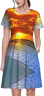 [EdWal] Beach with Sunset Print Womens Sundress Summer Floral Short Sleeve Wrap Round Neck A-Line Midi Dress Summer