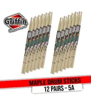 12 Pair Pack- 5A Drum Sticks Maple Wood by GRIFFIN Percussion Practice Drumming