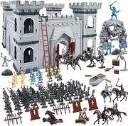 Plustopoy Medieval Castle Knight Toy Soldier Figures Army Men Toys, The Times Middle Ages DIY Building Piracy Action Figurines with 20 Piracies, 12 Soldiers, 8 Cavalry, Gray