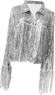 [yuksok] Sequin Fringe Jacket Long Sleeve Glitter Lapel Coat Open Front Cardigan for Vacation Music Festivals Casual Nightclub Parties