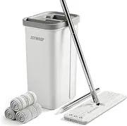 JOYMOOP Mop and Bucket Set with Wringer, Flat Mops for Floor Cleaning, Wall Cleaner with Long Handle, Hardwood, Tile, Laminate, Vinyl Floors, Smooth Walls, and Glass Windows - White, 3 Microfiber Pads