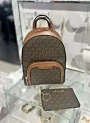 Michael Kors Jaycee XS Zip Pocket Mini Backpack + Coinpouch Wallet Set (Brown)