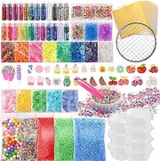 HOLICOLOR 110pcs Slime Making Kit, Add Ins, Accessories, Glitter, Foam Balls, Fishbowl Beads, Sequins, Shells, Candy Charms, Cups for Slime Party