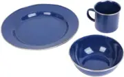 Blue Enamel Camping Dinner Set - Outdoor Plate Bowl Cup Mug Picnic Hiking Food