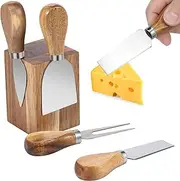 4-Piece Stainless Steel Cheese Cutter Set with Magnetic Acacia Wood Holder, Reusable Mini Cheese Slicers with Wood Handle, Charcuterie Board Accessories