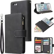 UEEBAI Wallet Case for iPhone 6 Plus iPhone 6S Plus, Premium Vintage PU Leather Magnetic Closure Handbag Zipper Pocket Case Kickstand Card Holder Slots with Wrist Strap TPU Shockproof Flip Cover-Black