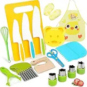 YFBXIZHOU 19Pcs Kids Safe Knives Real Cooking Toddler Knife Set Include 3 Toddler Knives with Serrated Edges Cutting Board Sandwich Cutters Y Peeler and Apron etc. Kitchen Tools for Fruit Vegetable