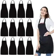 Kitchen Apron 12 Pack Bib Apron - Unisex Black Apron Bulk with 2 Roomy Pockets Machine Washable for Kitchen Crafting BBQ Drawing Apron Kitchen