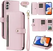 [Dswteny] Wallet Case for Samsung Galaxy A14/M14 5G with Wrist Strap Shoulder Strap Zipper Purse, Luxury PU Leather Flip Credit Card Holder Stand Cell Phone Cover for A 14 4G 14A 14M G5 Women Men Pink