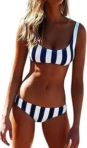 [Generic] Scoop Neck Bikini Top Swimwear Push-up Bikini Beachwear Striped Swimsuit Women's Swimwears Tankinis Set Coral Bikini