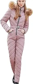 [Generic] Women Winter Jumpsuit Ski Suit Lightweight Warm Windproof Rain Snow Coat Fur Collar Ski Jumpsuit Snowsuit with Fur Hood, Snow, Large