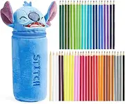 Disney Stitch Pencil Case with 48 Colouring Pencils Included - Kids Baby Yoda Plush Filled Pencil Case - Gifts for Kids, Blue Stitch, One Size, Filled Pencil Case