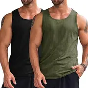 [Runcati] Men's Ribbed Tank Tops 2 Pack Knit Sleeveless Workout T Shirt Muscle Gym Fitness Tee, Black/Army Green, Small
