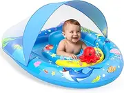 [Sunrad] Baby Pool Float with Canopy UPF50+ Sun Protection, Inflatable Baby Swim Float with Toy Play Console & Adjustable Safety Seat, Toddler Infant Pool Floaties for 6-36 Months (Blue)