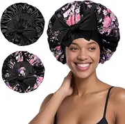 Arqumi 2 Pcs Satin Silk Bonnet for Sleeping Women, Long Strap Tie Band Adjustable Sleep Night Cap Curly Hair Bonnet Wrap, Black + Black Flower Pattern, Large