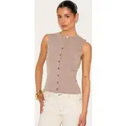 Tall Mocha Button Through Sleeveless Top, Mocha