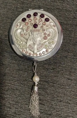 Vintage Egyptian Pharaoh Cleopatra Compact Mirror Magnified Purse silver w beads