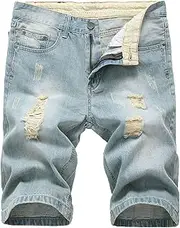 [Generic] Men Holes Half Denim Pants Classic Male Retro Ripped Distressed Short Jean Relaxed Fit Work Denim Shorts
