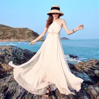 在飛比找蝦皮購物優惠-正韓洋裝連身長洋裝沙灘裙女夏海邊度假性感超仙白色弔帶露背連衣