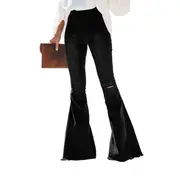 Nevenka Women Flare Jeans Elastic Waist Bell Bottom Denim Ripped Pants-Black-9026