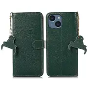 For iPhone 14 Wallet Phone Case RFID Blocking Genuine Cow Leather Stand Folio Cover
