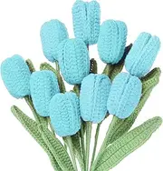 uxcell Tulip Crochet Flowers, Artificial Knitted Tulip Flower Completed Handmade Tulips Bouquet for Gift Home Birthday Wedding Decoration, Lake Blue Pack of 10
