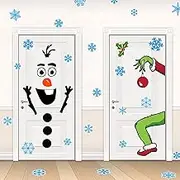 ROCWOHO 4 Sheets Christmas Door Stickers Decor Christmas Snowman and Grinch Door Stickers Large Snowman Grinchmas Stickers with Snowflake Decals for Winter Door Window Refrigerator Decorations